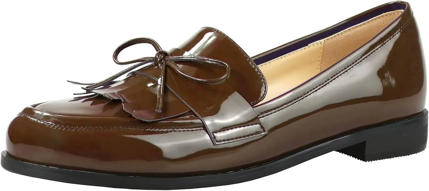 LEMUTISME Women's Trendy Patent Leather Comfort Casual Closed Round Toe Slip On Bow-Knot Dress Flat Loafers Pump Shoes with Tassal
