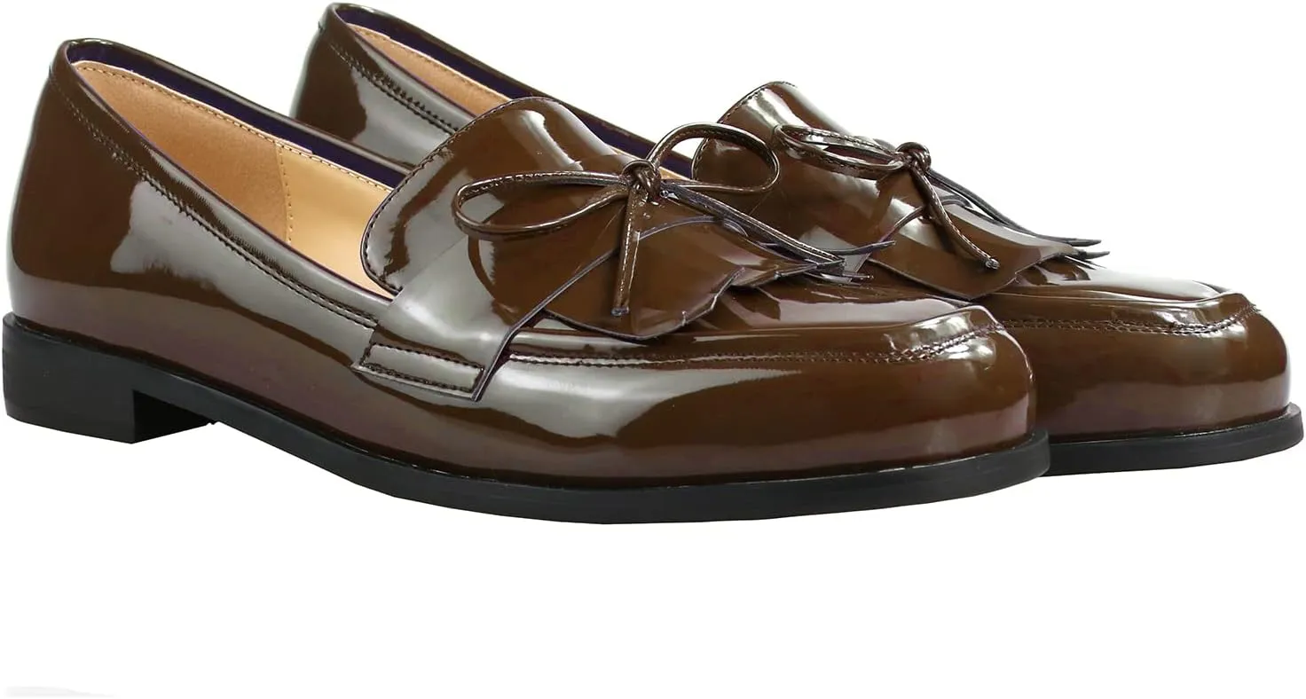LEMUTISME Women's Trendy Patent Leather Comfort Casual Closed Round Toe Slip On Bow-Knot Dress Flat Loafers Pump Shoes with Tassal