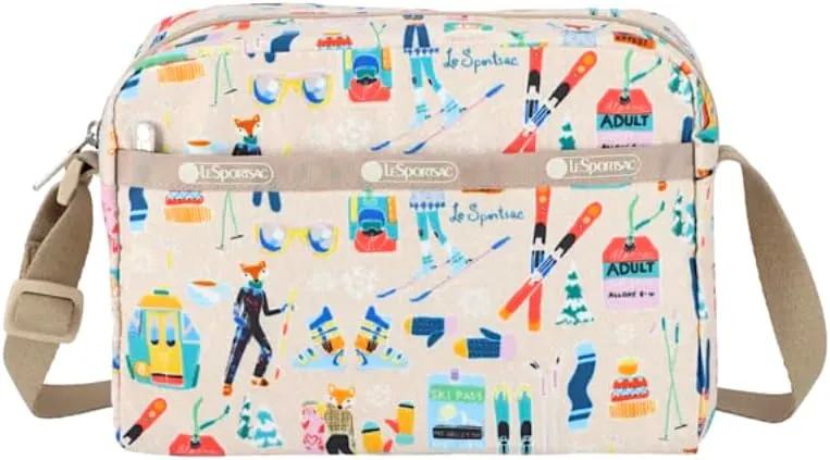 LeSportsac Skiing Foxes Daniella Crossbody Bag, Style 2434/Color E774, Whimsical & Playful Foxes, Ski Motifs: Lift Tickets, Gondolas, Snowboards Amid Magical Snowflake Backdrop