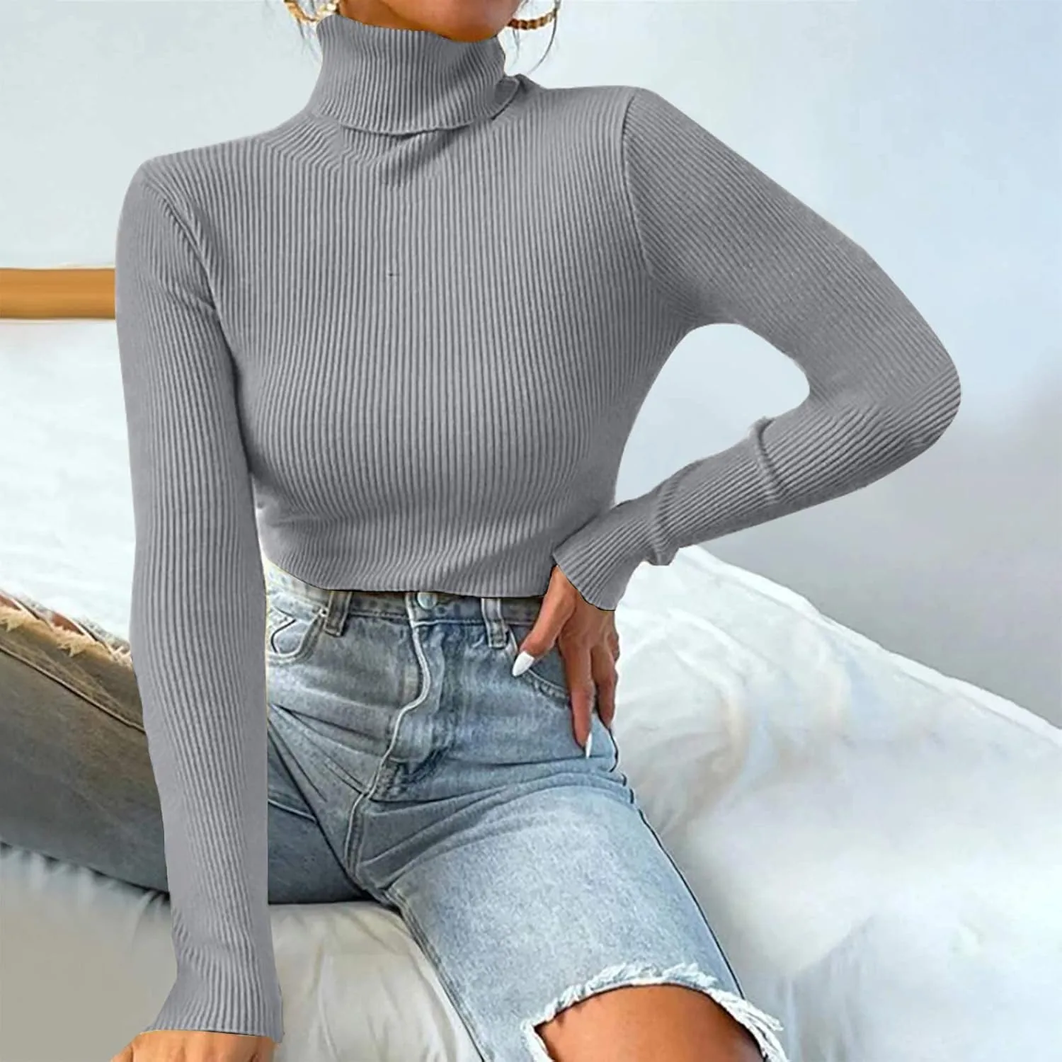 Lightweight Fitted Sweaters for Women Long Sleeve Turtleneck Ribbed Knit Pullover Sweater Casual Basic Tee Tops