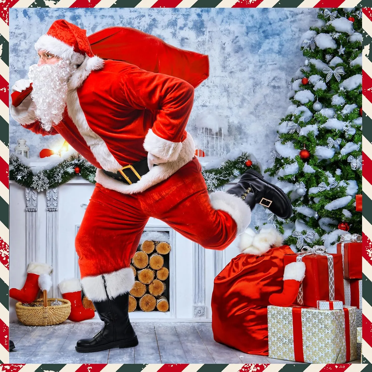 Liitrsh Christmas Santa Claus Boots Men's Wide Calf Santa Combat Boots with White Plush Cuffs Foot Bells Buckle Strap for Halloween Christmas Costume