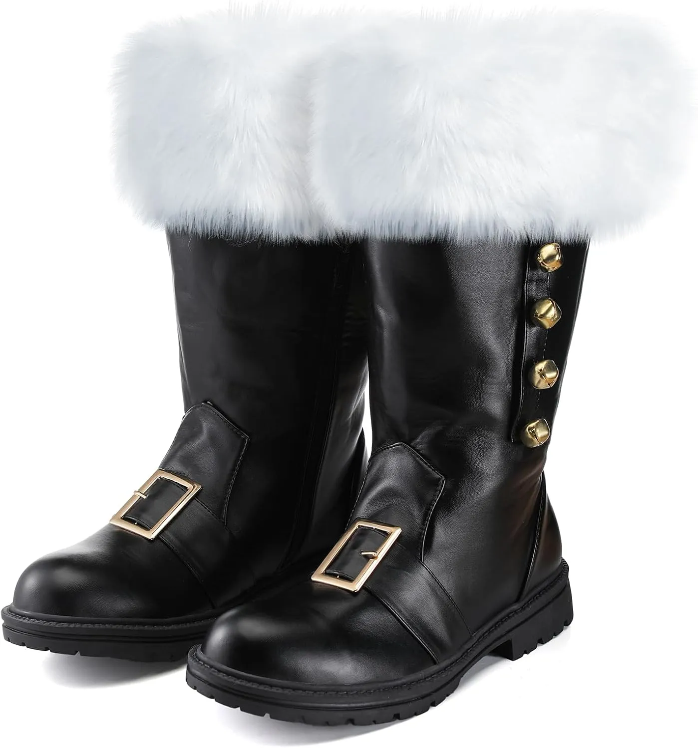 Liitrsh Christmas Santa Claus Boots Men's Wide Calf Santa Combat Boots with White Plush Cuffs Foot Bells Buckle Strap for Halloween Christmas Costume