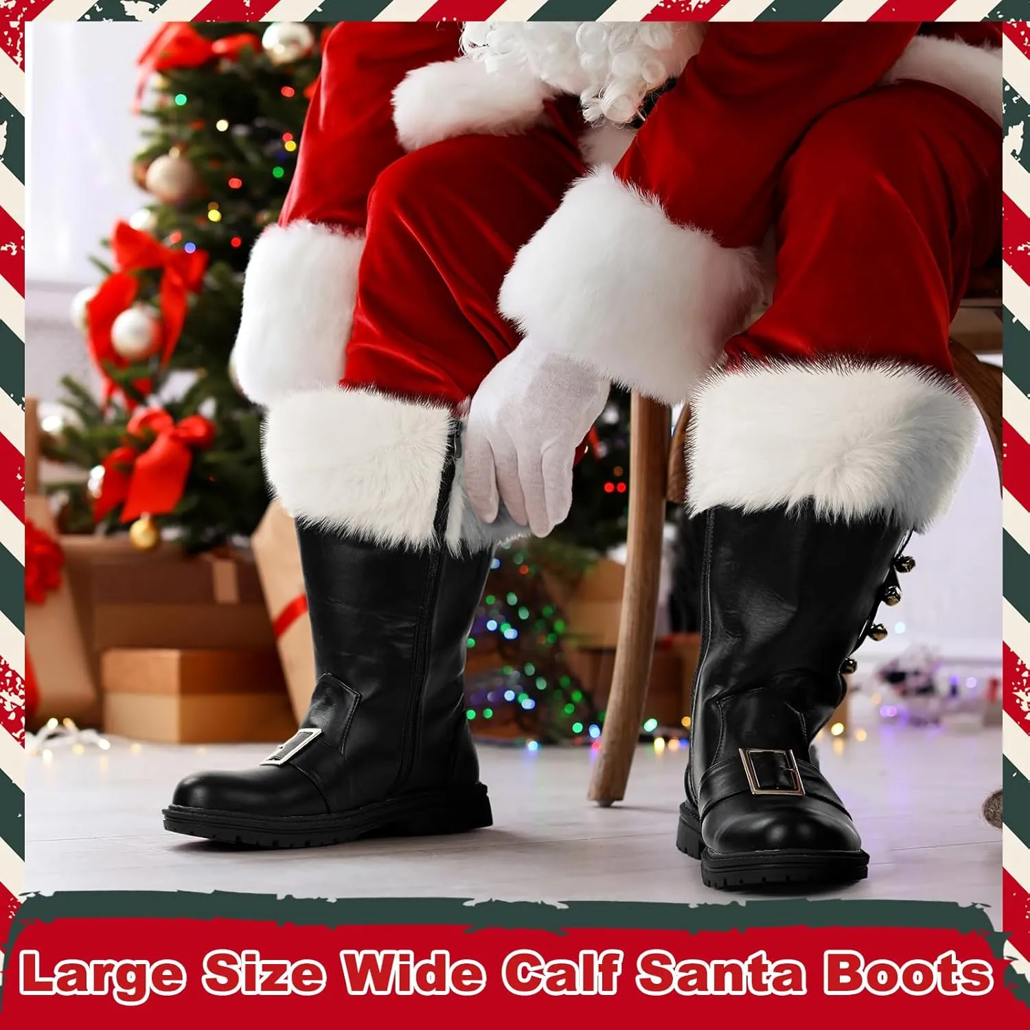 Liitrsh Christmas Santa Claus Boots Men's Wide Calf Santa Combat Boots with White Plush Cuffs Foot Bells Buckle Strap for Halloween Christmas Costume