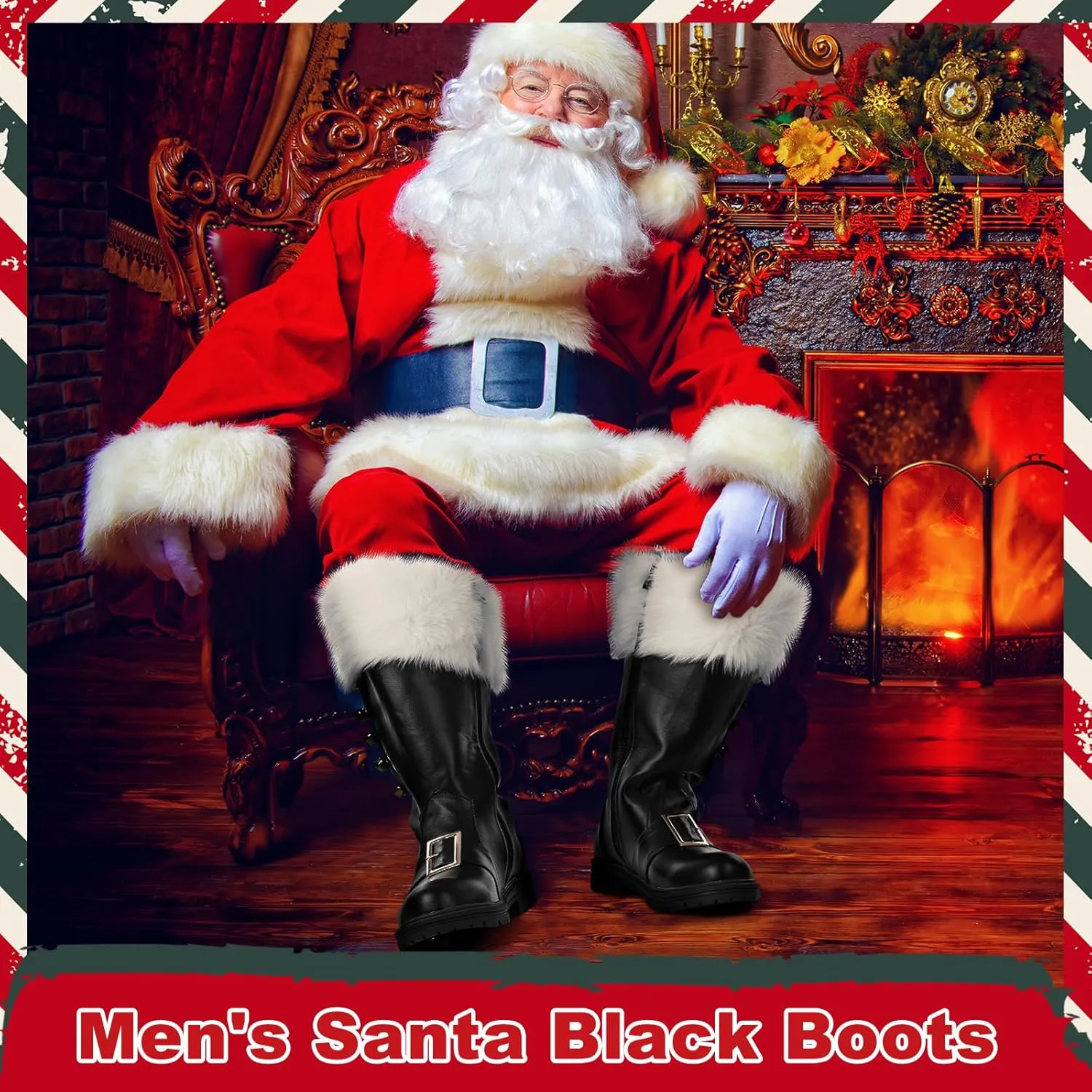 Liitrsh Christmas Santa Claus Boots Men's Wide Calf Santa Combat Boots with White Plush Cuffs Foot Bells Buckle Strap for Halloween Christmas Costume