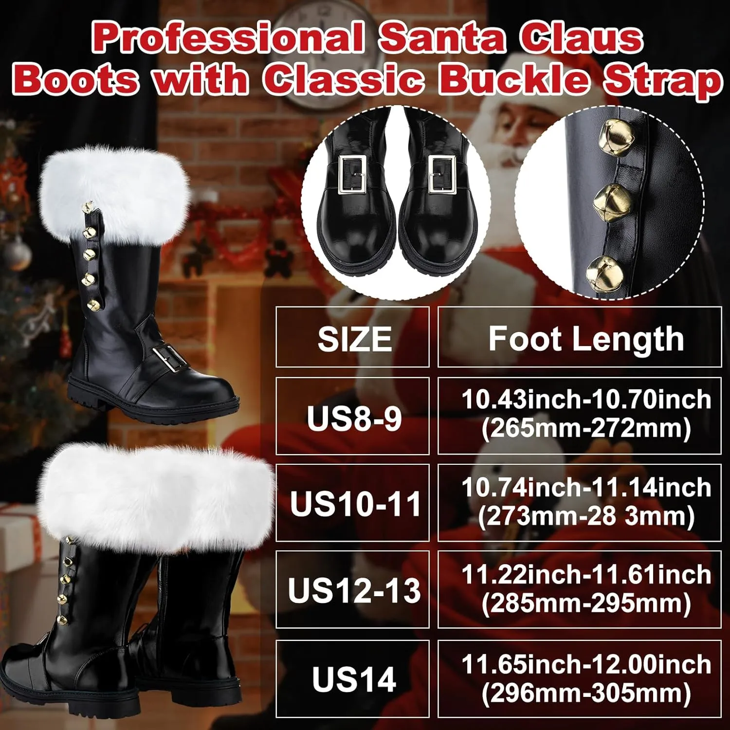 Liitrsh Christmas Santa Claus Boots Men's Wide Calf Santa Combat Boots with White Plush Cuffs Foot Bells Buckle Strap for Halloween Christmas Costume