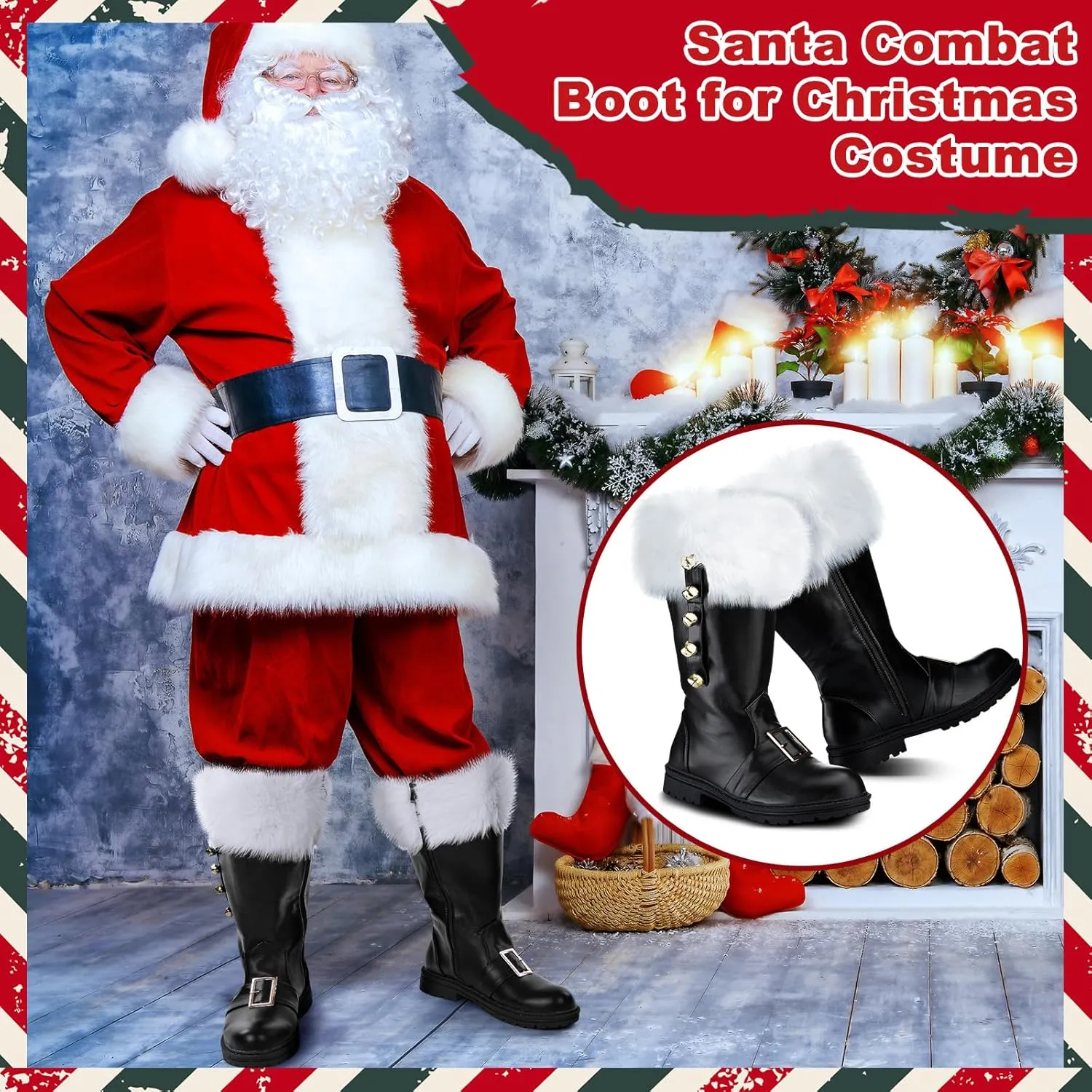Liitrsh Christmas Santa Claus Boots Men's Wide Calf Santa Combat Boots with White Plush Cuffs Foot Bells Buckle Strap for Halloween Christmas Costume