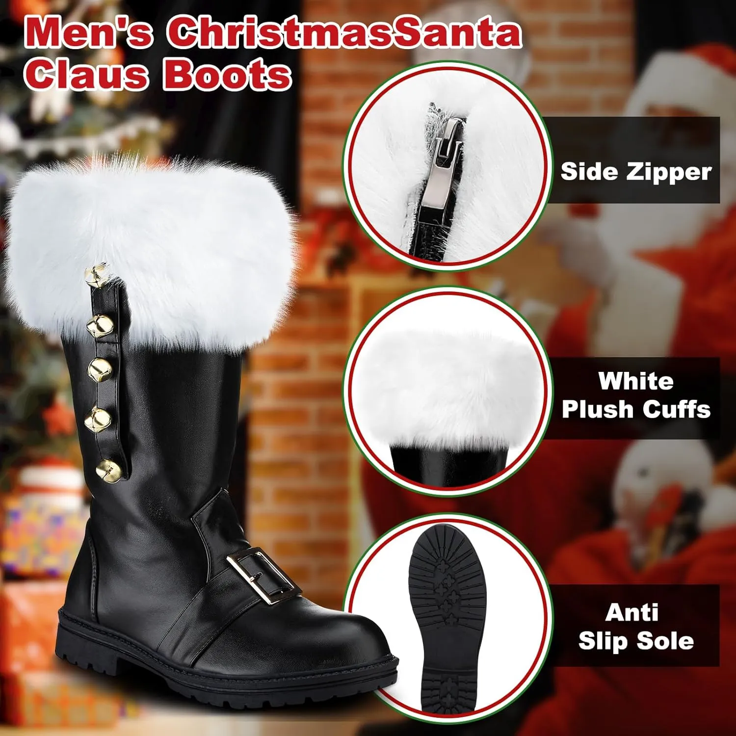 Liitrsh Christmas Santa Claus Boots Men's Wide Calf Santa Combat Boots with White Plush Cuffs Foot Bells Buckle Strap for Halloween Christmas Costume