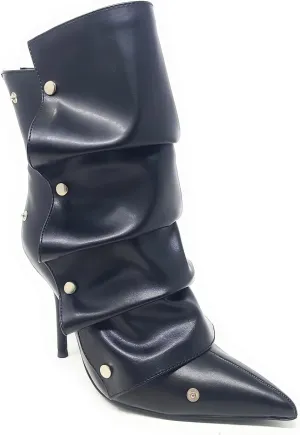Liliana Women's Pointed Toe Stiletto High Heels Pleated Button Detachable Fold Over Slouchy Boots (Runs Small)