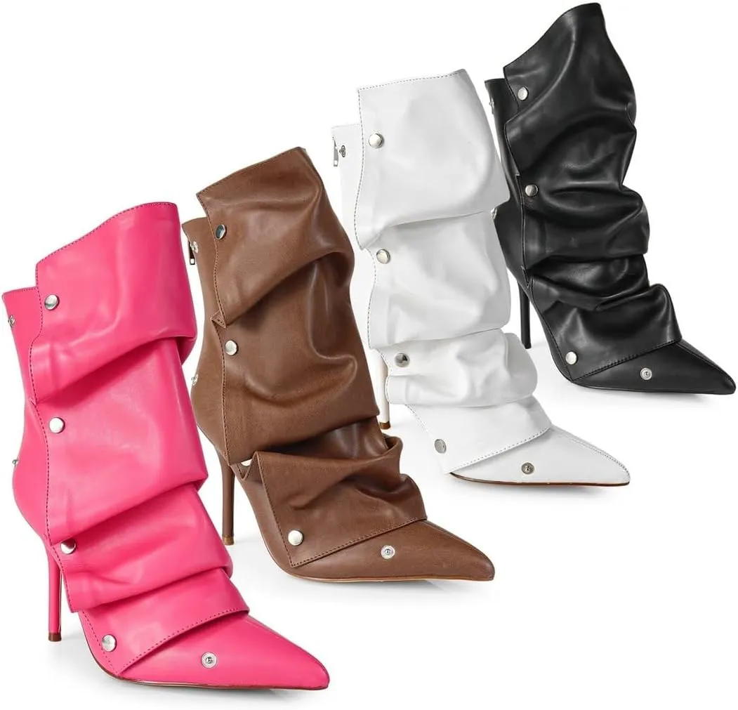 Liliana Women's Pointed Toe Stiletto High Heels Pleated Button Detachable Fold Over Slouchy Boots (Runs Small)