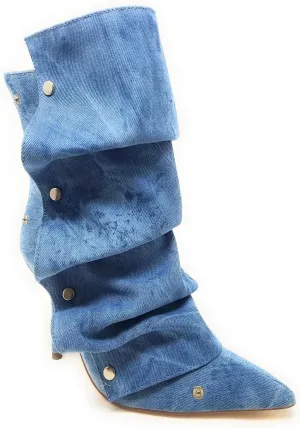Liliana Women's Pointed Toe Stiletto High Heels Pleated Button Detachable Fold Over Slouchy Boots (Runs Small)