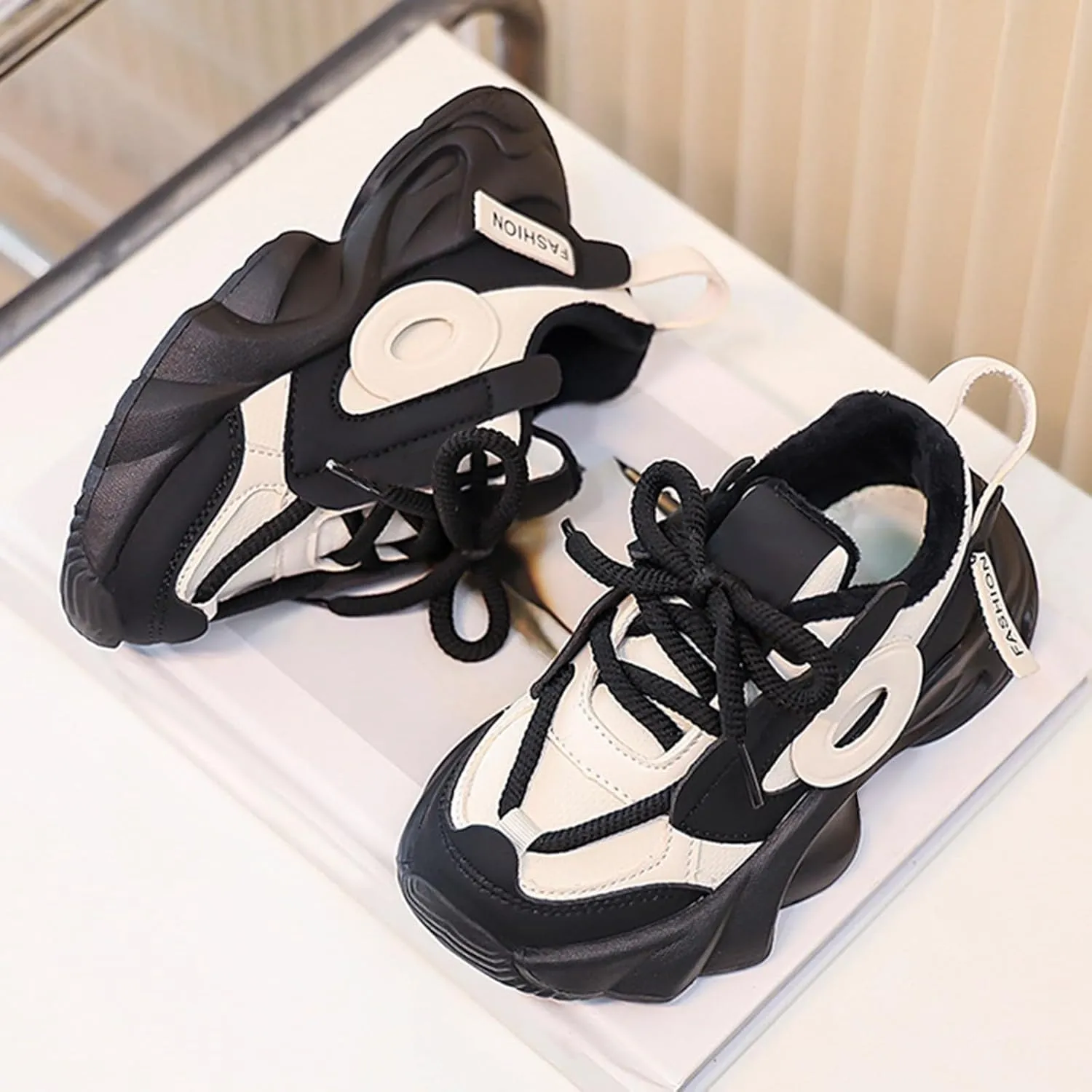 Little/Big Kids Leather Platform Chunky Heels Sneakers Breathable Lace Up Walking Dad Shoes Comfortable Sneakers