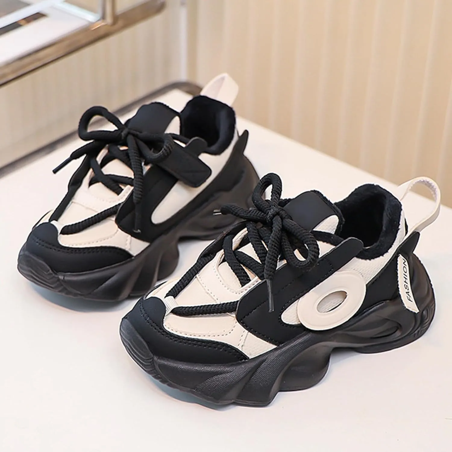 Little/Big Kids Leather Platform Chunky Heels Sneakers Breathable Lace Up Walking Dad Shoes Comfortable Sneakers