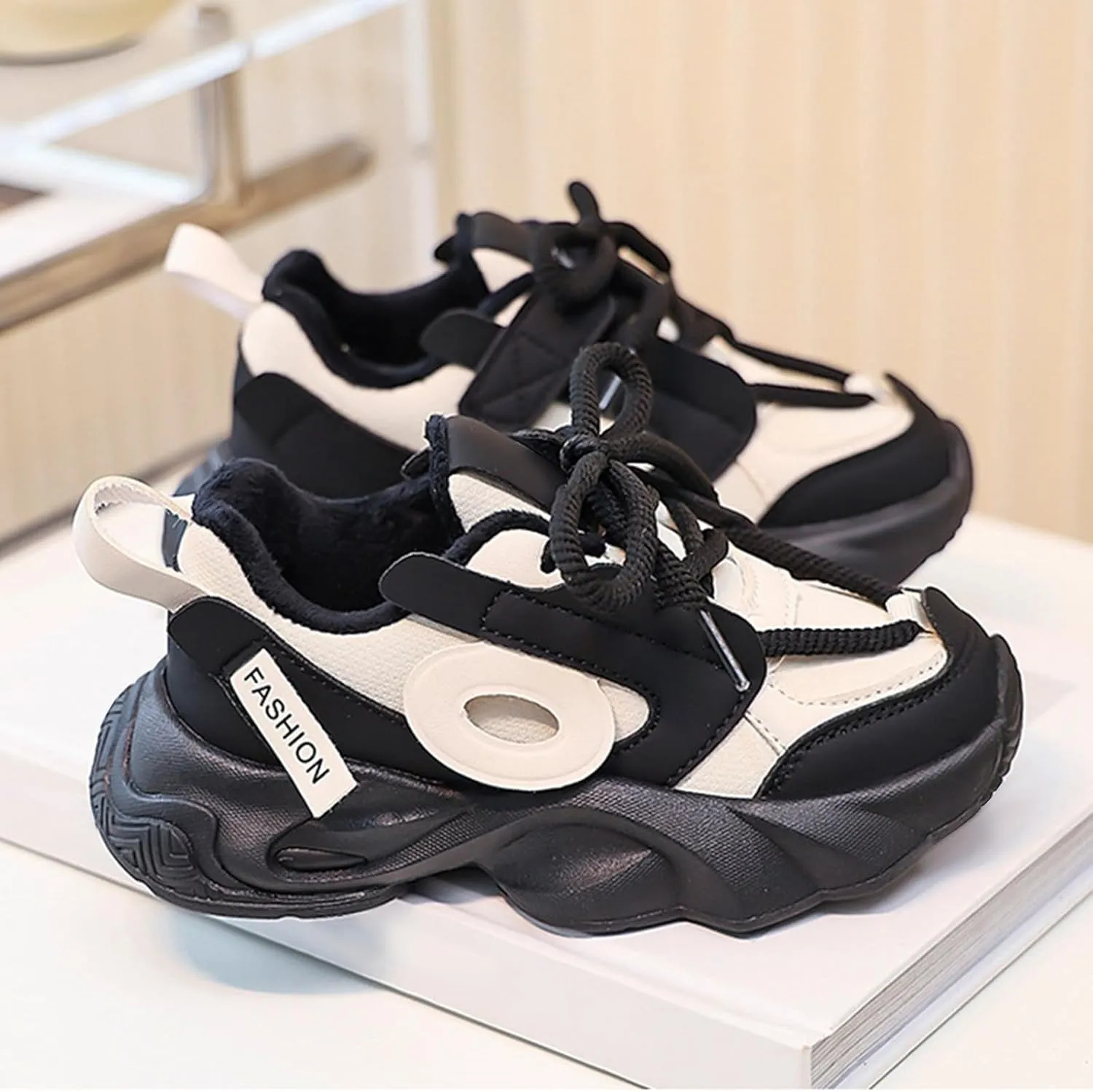 Little/Big Kids Leather Platform Chunky Heels Sneakers Breathable Lace Up Walking Dad Shoes Comfortable Sneakers