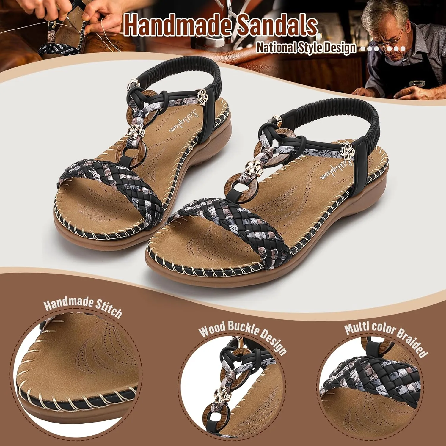 Littleplum Women Sandals Arch Support Handmade Bohemian Braided Flat Sandals Comfort Walking Beach Ankle Elastic Summer Shoes