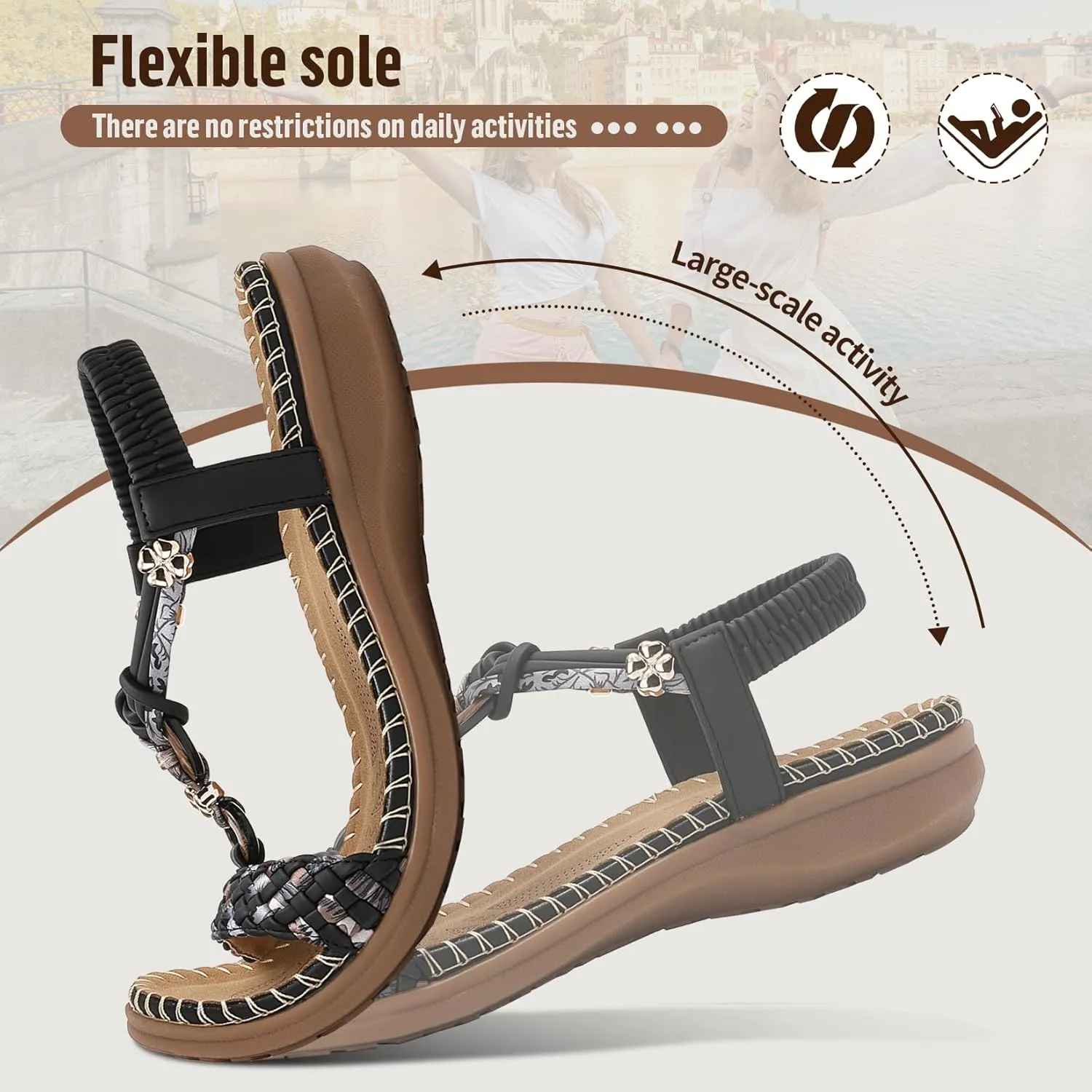 Littleplum Women Sandals Arch Support Handmade Bohemian Braided Flat Sandals Comfort Walking Beach Ankle Elastic Summer Shoes