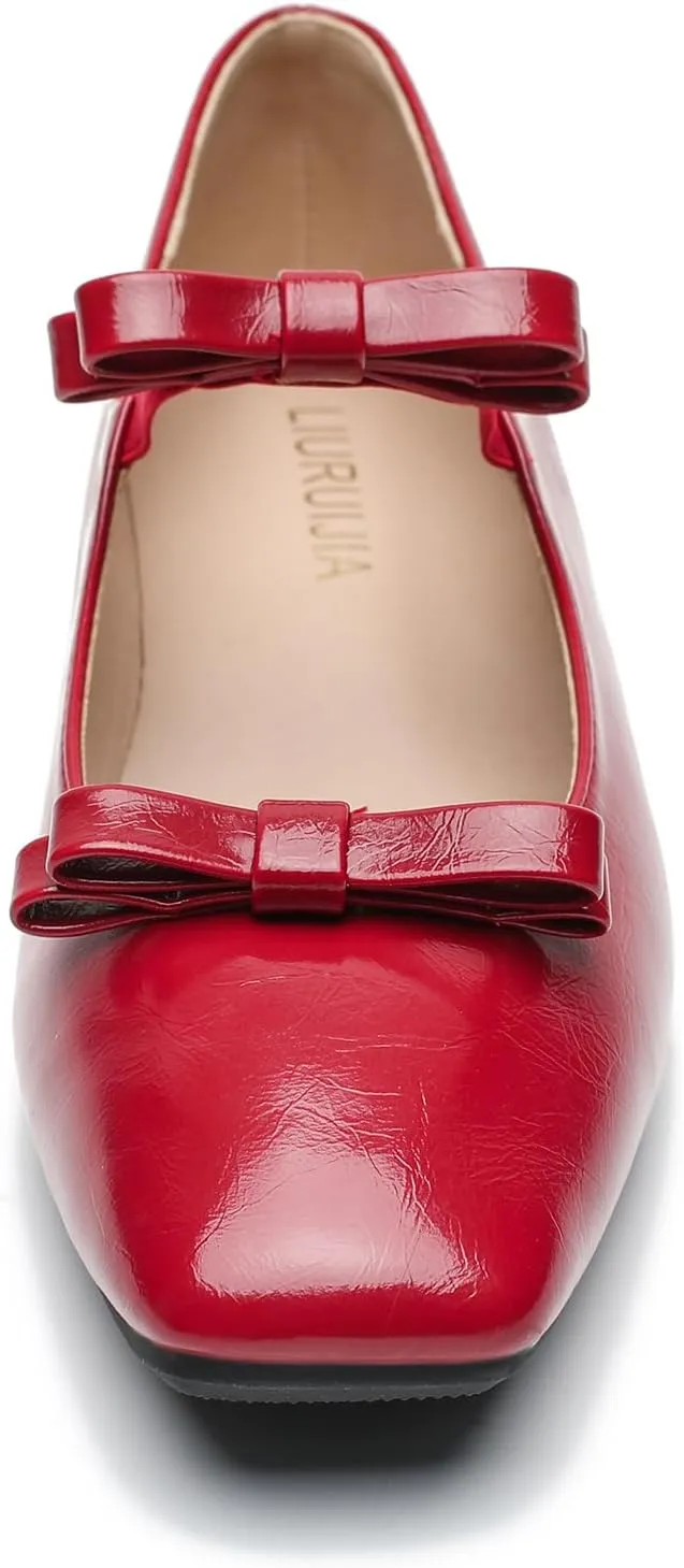 LIURUIJIA Women's Ballet Flats with Bow Square Toe Casual Comfortable Retro Mary Jane Lolita Dress Shoes