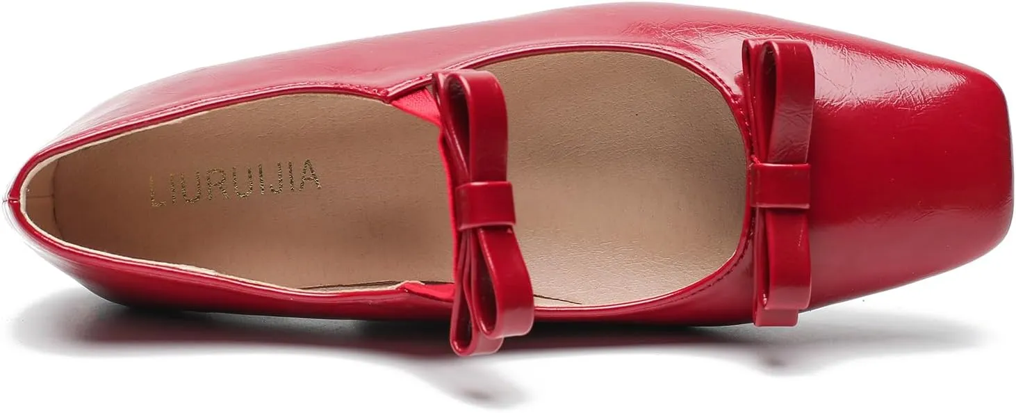 LIURUIJIA Women's Ballet Flats with Bow Square Toe Casual Comfortable Retro Mary Jane Lolita Dress Shoes