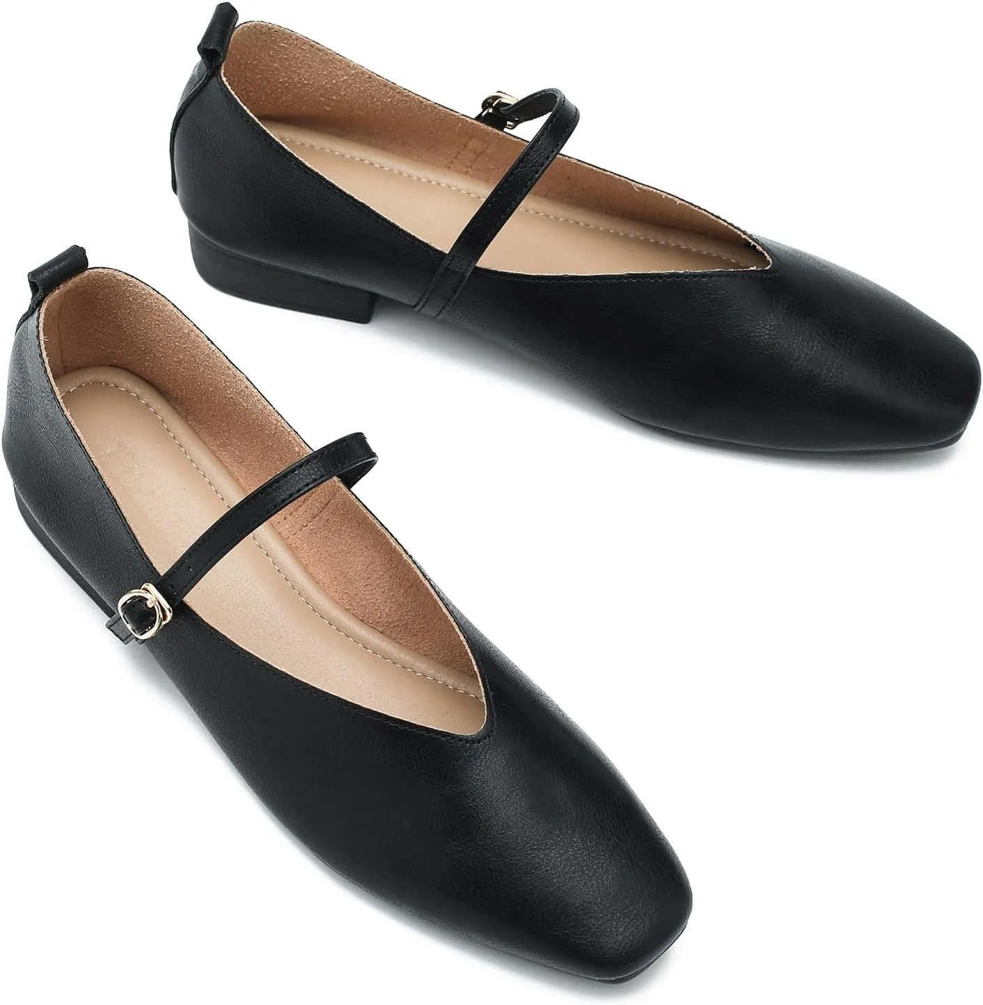 LIURUIJIA Women's Mary Jane Ballet Flats Dress Shoes Square Toe Ankle Strap Casual Dressy Comfortable Retro Foldable Shoes