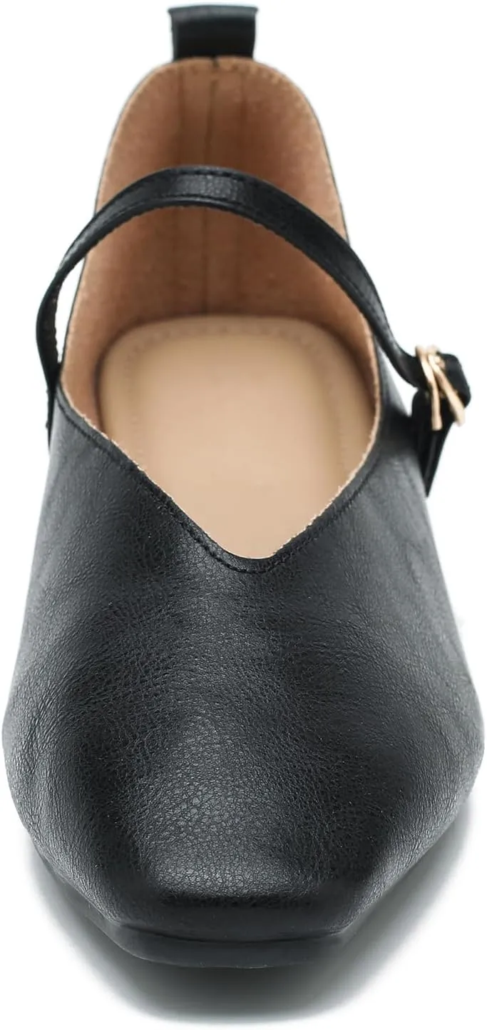 LIURUIJIA Women's Mary Jane Ballet Flats Dress Shoes Square Toe Ankle Strap Casual Dressy Comfortable Retro Foldable Shoes