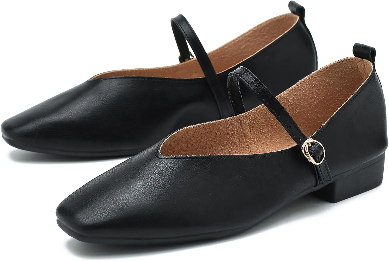 LIURUIJIA Women's Mary Jane Ballet Flats Dress Shoes Square Toe Ankle Strap Casual Dressy Comfortable Retro Foldable Shoes