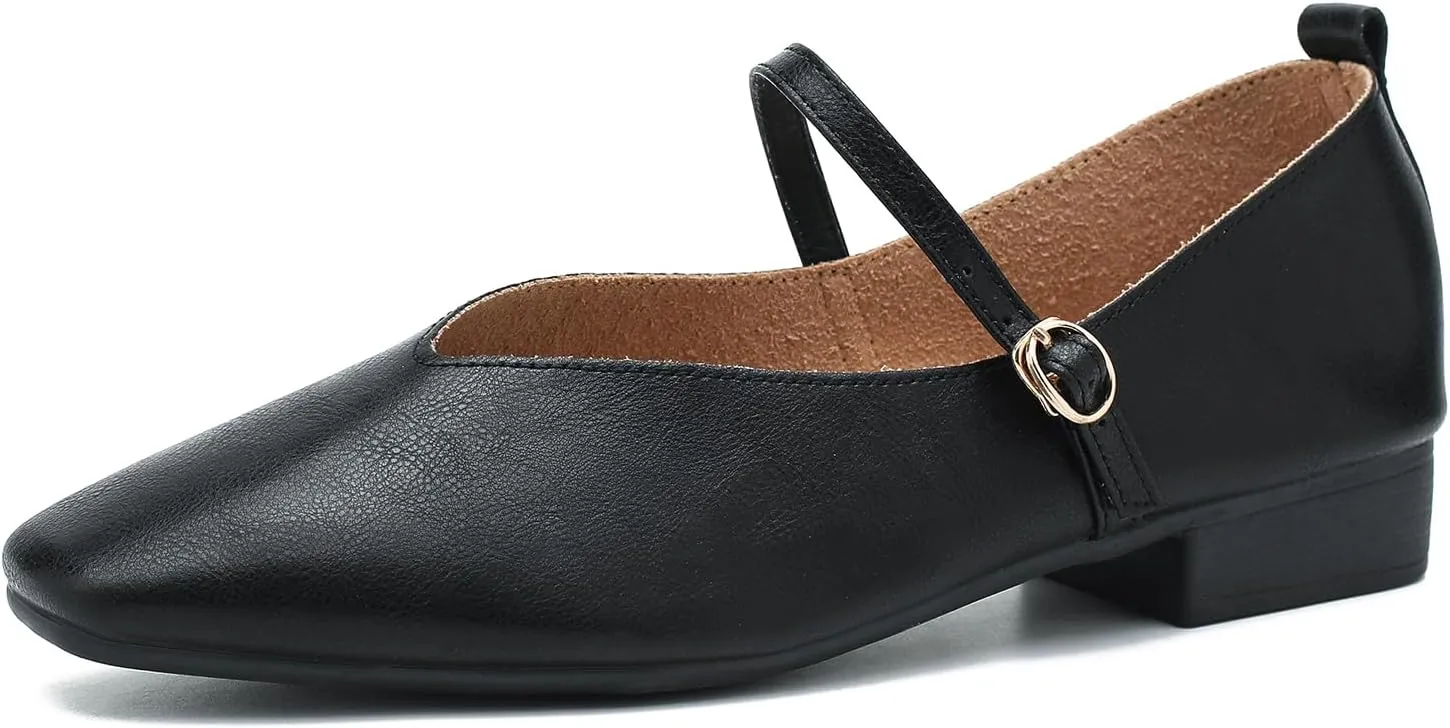 LIURUIJIA Women's Mary Jane Ballet Flats Dress Shoes Square Toe Ankle Strap Casual Dressy Comfortable Retro Foldable Shoes