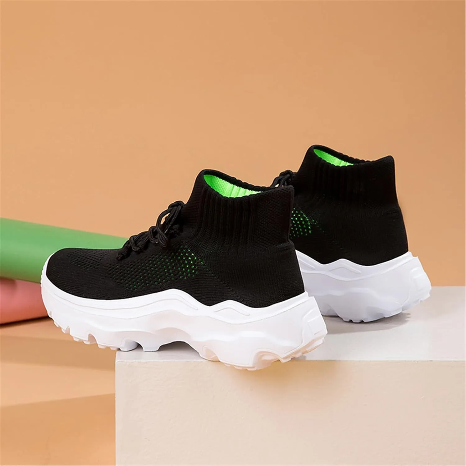 LLTMALL Women's Men's Chunky Sock Sneakers Lace up High Top Lightweight Mesh Running Shoes