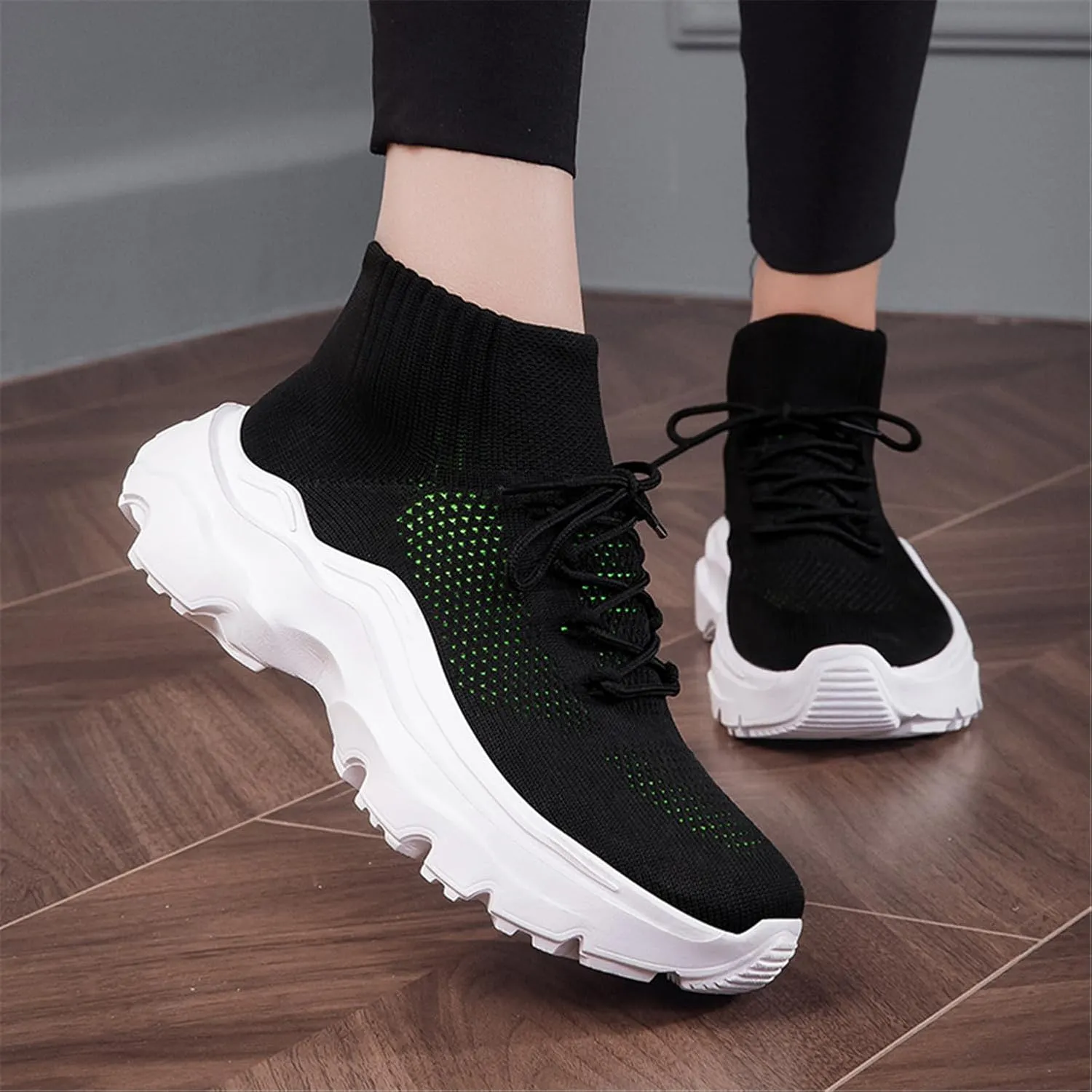 LLTMALL Women's Men's Chunky Sock Sneakers Lace up High Top Lightweight Mesh Running Shoes