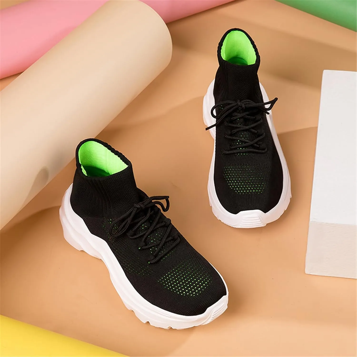 LLTMALL Women's Men's Chunky Sock Sneakers Lace up High Top Lightweight Mesh Running Shoes