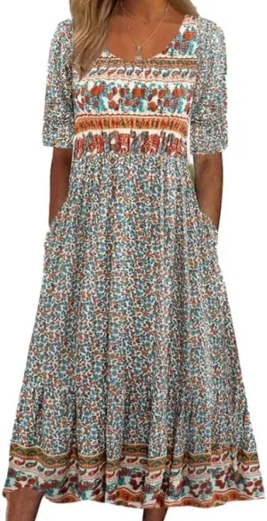 LOAIHA Women's Bohemian Floral Printed Maxi Dress Colorful Summer Casual Loose Flowy Dresses with Pockets