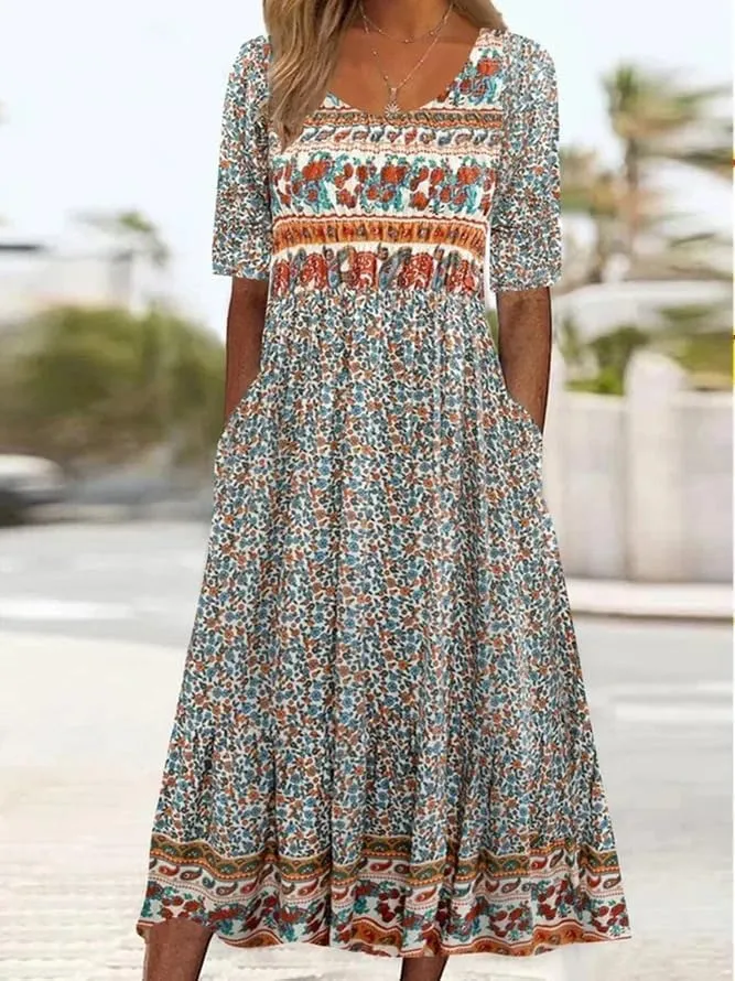 LOAIHA Women's Bohemian Floral Printed Maxi Dress Colorful Summer Casual Loose Flowy Dresses with Pockets