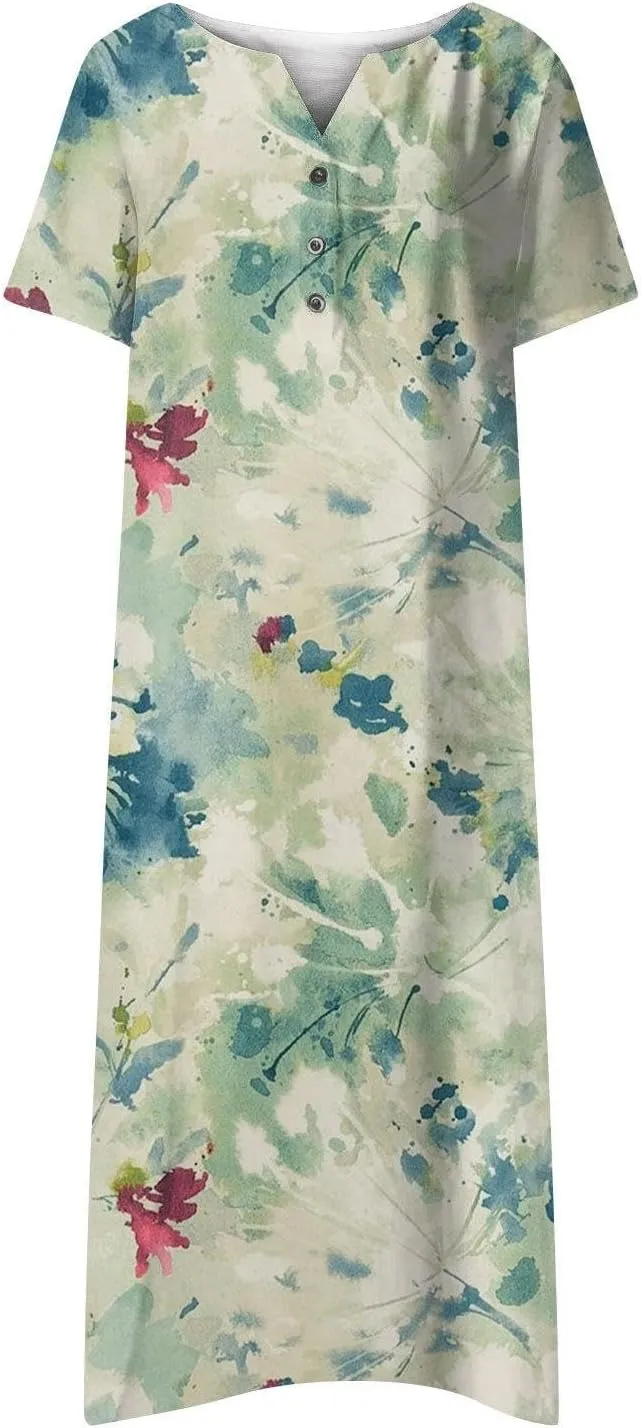 LOAIHA Women's Boho Colorful Crewneck Floral Print Maxi Dresses Casual Short Sleeve Summer Beach Dress with Pockets 2024
