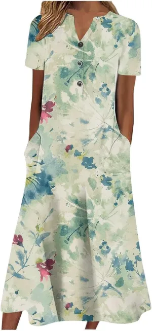 LOAIHA Women's Boho Colorful Crewneck Floral Print Maxi Dresses Casual Short Sleeve Summer Beach Dress with Pockets 2024
