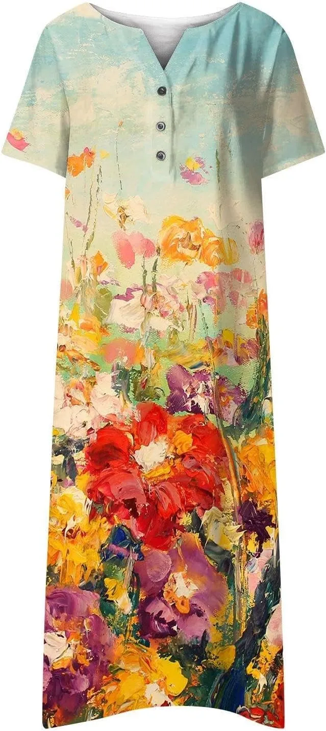 LOAIHA Women's Boho Colorful Crewneck Floral Print Maxi Dresses Casual Short Sleeve Summer Beach Dress with Pockets 2024