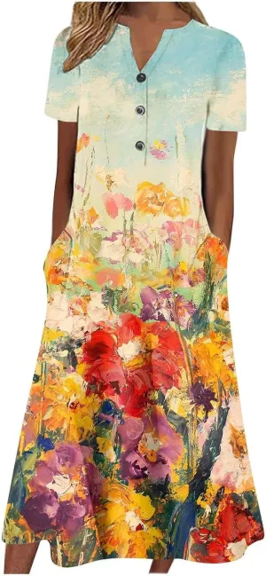 LOAIHA Women's Boho Colorful Crewneck Floral Print Maxi Dresses Casual Short Sleeve Summer Beach Dress with Pockets 2024