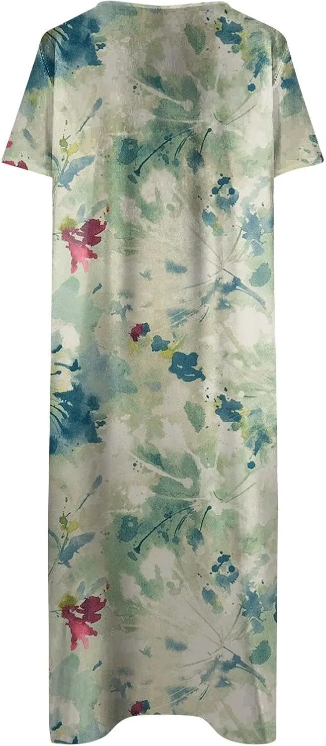 LOAIHA Women's Boho Colorful Crewneck Floral Print Maxi Dresses Casual Short Sleeve Summer Beach Dress with Pockets 2024