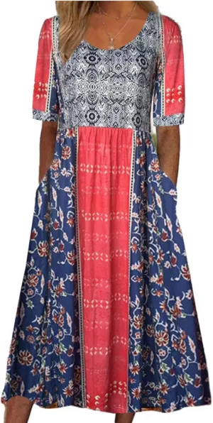 LOAIHA Women's Boho Floral Summer Dress Casual Loose Crewneck Short Sleeve Maxi Dress Beach Vacation Dresses with Pockets