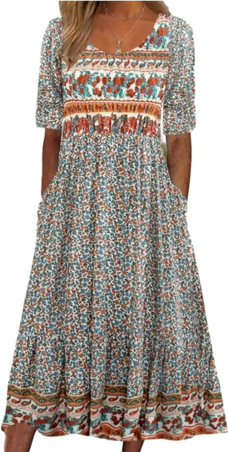 LOAIHA Women's Boho Floral Summer Dress Casual Loose Crewneck Short Sleeve Maxi Dress Beach Vacation Dresses with Pockets