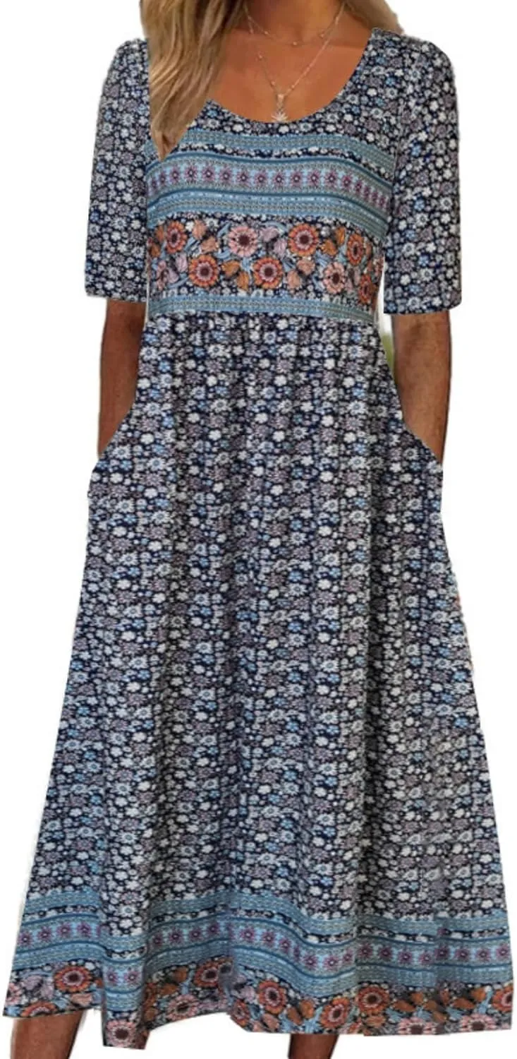 LOAIHA Women's Boho Floral Summer Dress Casual Loose Crewneck Short Sleeve Maxi Dress Beach Vacation Dresses with Pockets
