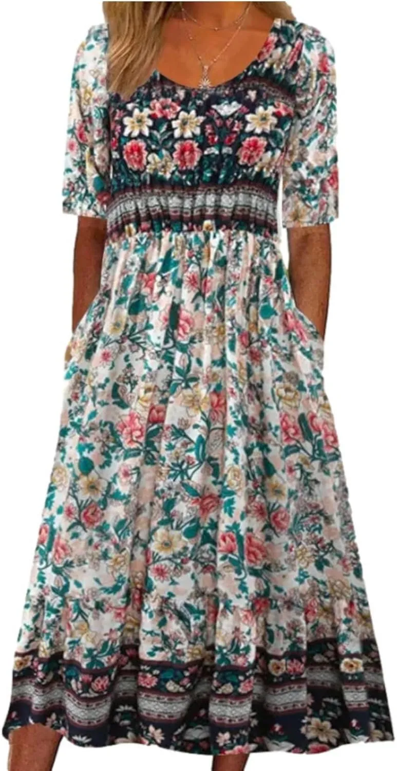 LOAIHA Women's Boho Floral Summer Dress Casual Loose Crewneck Short Sleeve Maxi Dress Beach Vacation Dresses with Pockets