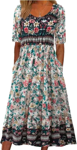 LOAIHA Women's Boho Floral Summer Dress Casual Loose Crewneck Short Sleeve Maxi Dress Beach Vacation Dresses with Pockets