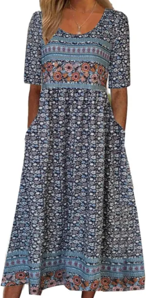 LOAIHA Women's Boho Floral Summer Dress Casual Loose Crewneck Short Sleeve Maxi Dress Beach Vacation Dresses with Pockets