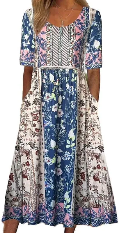 LOAIHA Women's Boho Floral Summer Dress Casual Loose Crewneck Short Sleeve Maxi Dress Beach Vacation Dresses with Pockets