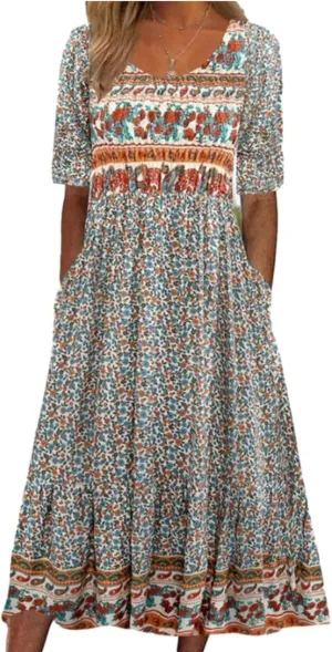 LOAIHA Women's Boho Floral Summer Dress Casual Loose Crewneck Short Sleeve Maxi Dress Beach Vacation Dresses with Pockets