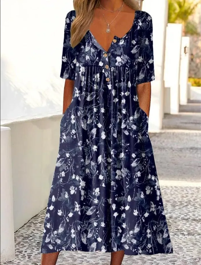 LOAIHA Women's Short Sleeve Boho Floral Print Maxi Dress Summer V Neck Casual Loose Dress with Pockets
