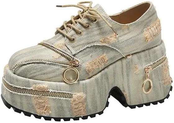 Loizziuy Women's Goth Denim Lace Up Y2k Chunky Punk Sneakers Low Top Platform Heel Dad Shoes Round Toe Walking Travel Street