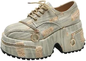Loizziuy Women's Goth Denim Lace Up Y2k Chunky Punk Sneakers Low Top Platform Heel Dad Shoes Round Toe Walking Travel Street