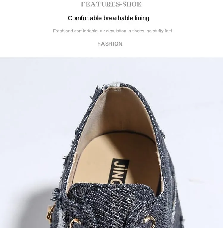 Loizziuy Women's Goth Denim Lace Up Y2k Chunky Punk Sneakers Low Top Platform Heel Dad Shoes Round Toe Walking Travel Street