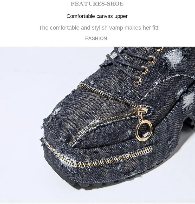 Loizziuy Women's Goth Denim Lace Up Y2k Chunky Punk Sneakers Low Top Platform Heel Dad Shoes Round Toe Walking Travel Street