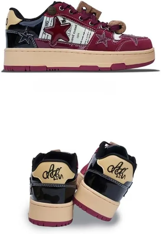 Low-Top Star Sneakers with Cute Charms - Wine Red Retro Chunky Platform Shoes Women & Girls, Comfy Y2K Kawaii Streetwear for Beach Travel, Festivals & Birthday Gifts