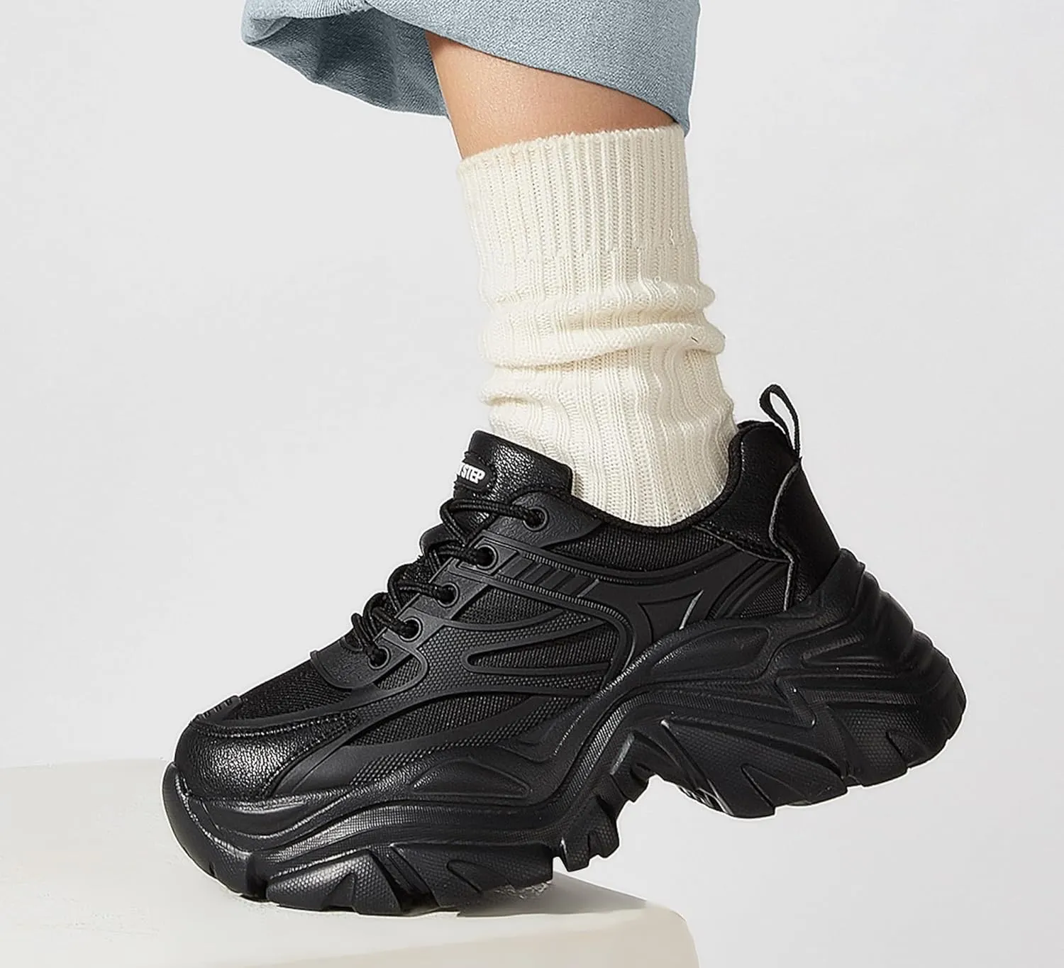 LUCKY STEP Chunky Sneakers for Women Platform Tennis Fashion White Dad Shoes Mesh Breathable Casual Wedge Lace Up Walking Sneakers